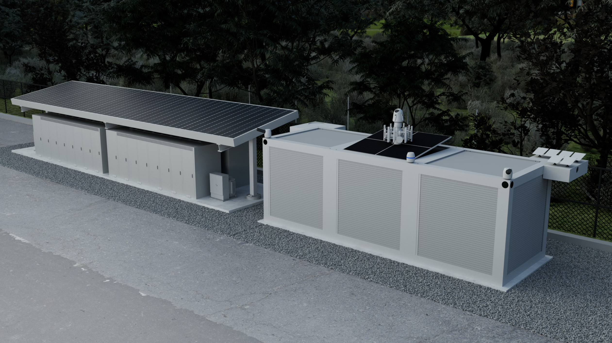 A Hypercube module under a solar canopy at the tree line, with integrated batteries for resilient backup power