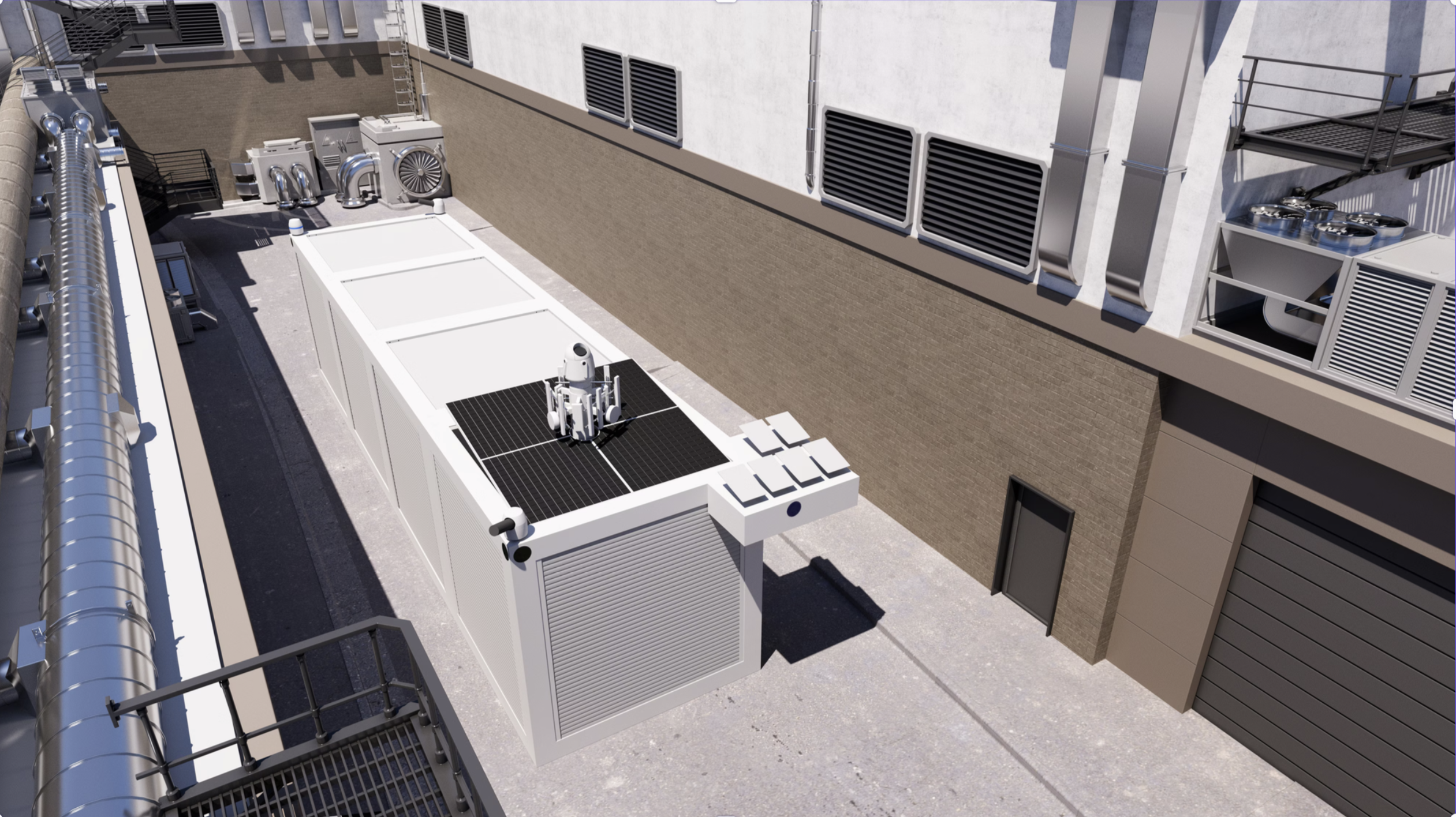 A Hypercube module installed in a rooftop service alley between mechanical plant and a brick wall