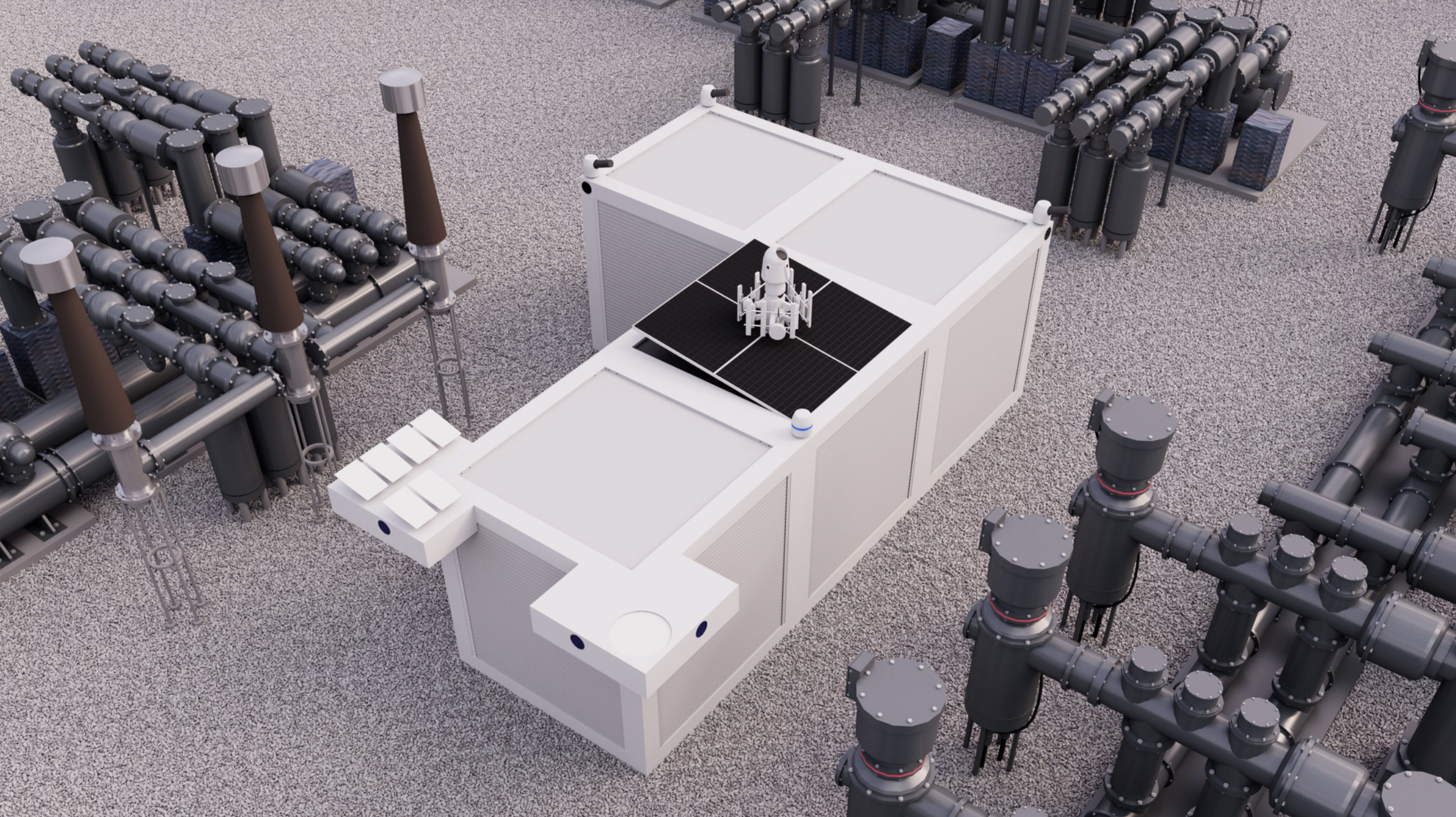 A Hypercube module on a gravel pad surrounded by substation pipework and switchgear
