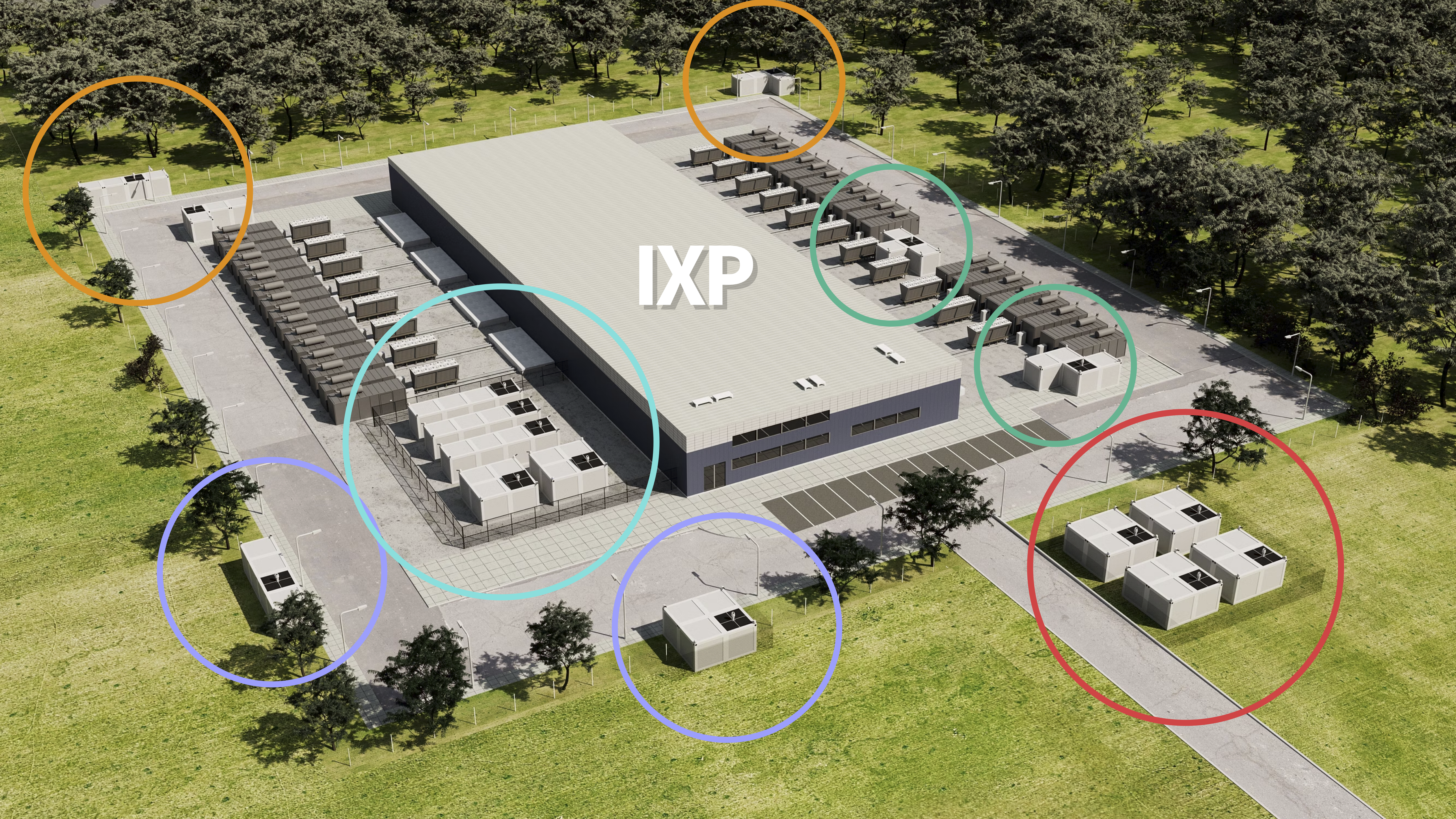 Aerial view of a carrier-neutral internet exchange point with clustered Hypercube modules around a data center building