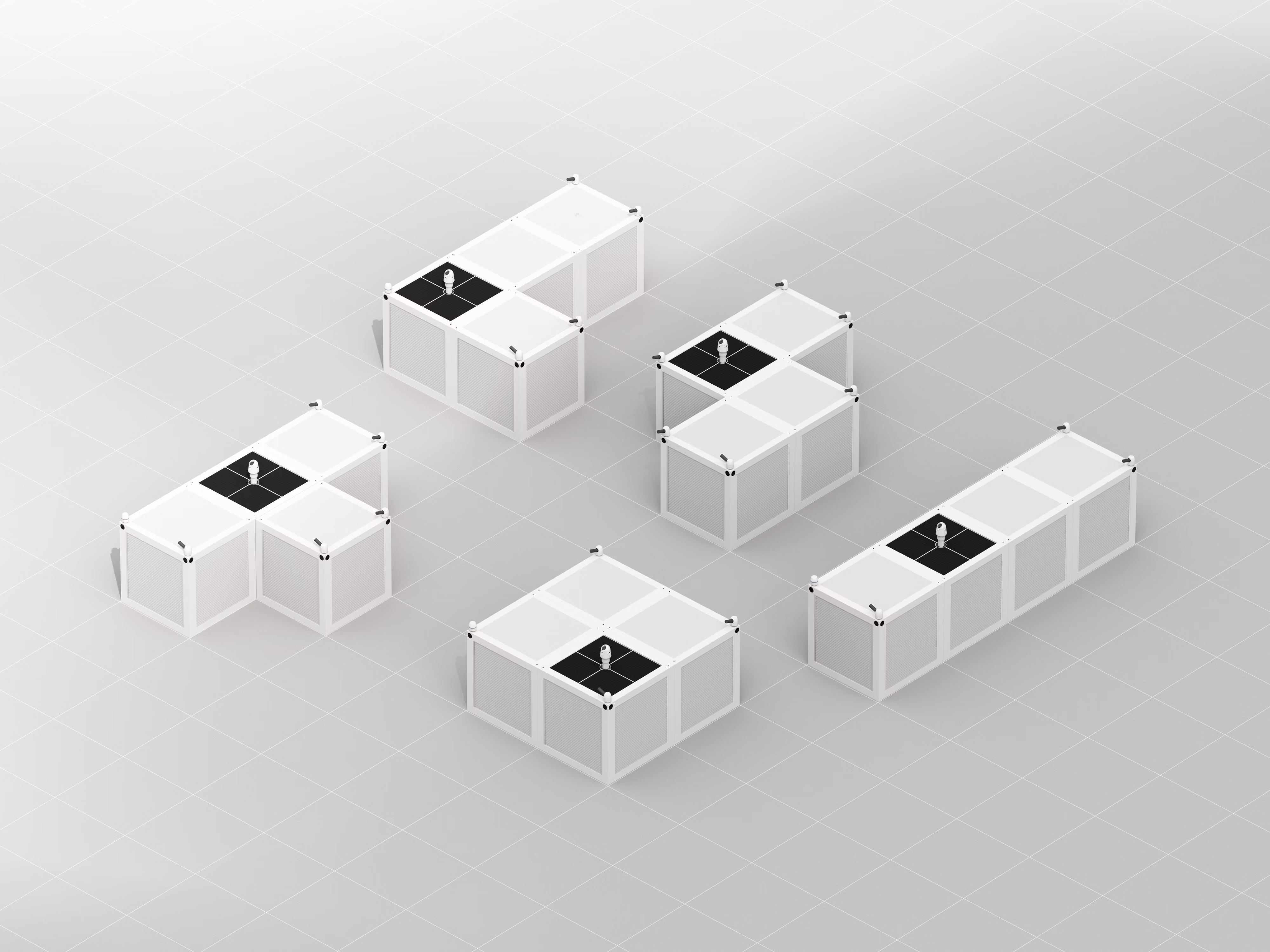 Five Hypercube cluster arrangements — L-cluster, stacked, stepped row, quad, and inline ×4 — on an isometric grid