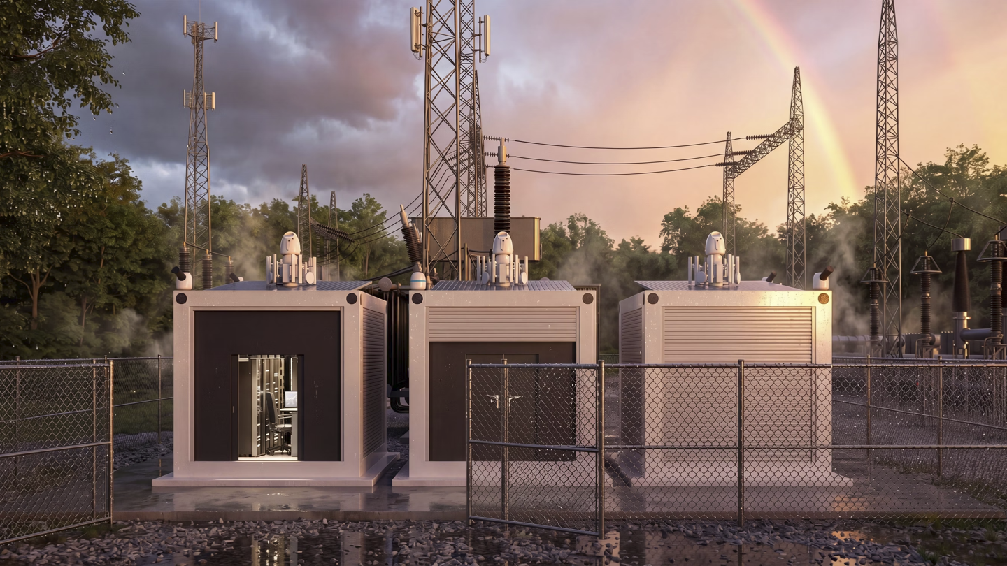 Three Hypercube enclosures deployed at an electrical substation at dusk, a rainbow overhead