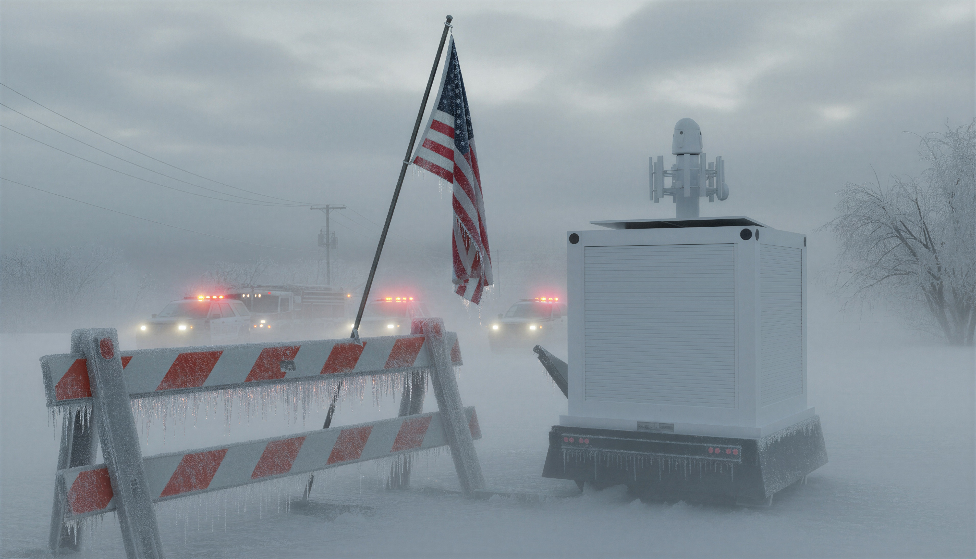HOLY COW mobile Megacube holding the line on an icy barricaded road during a winter whiteout, flag frozen stiff