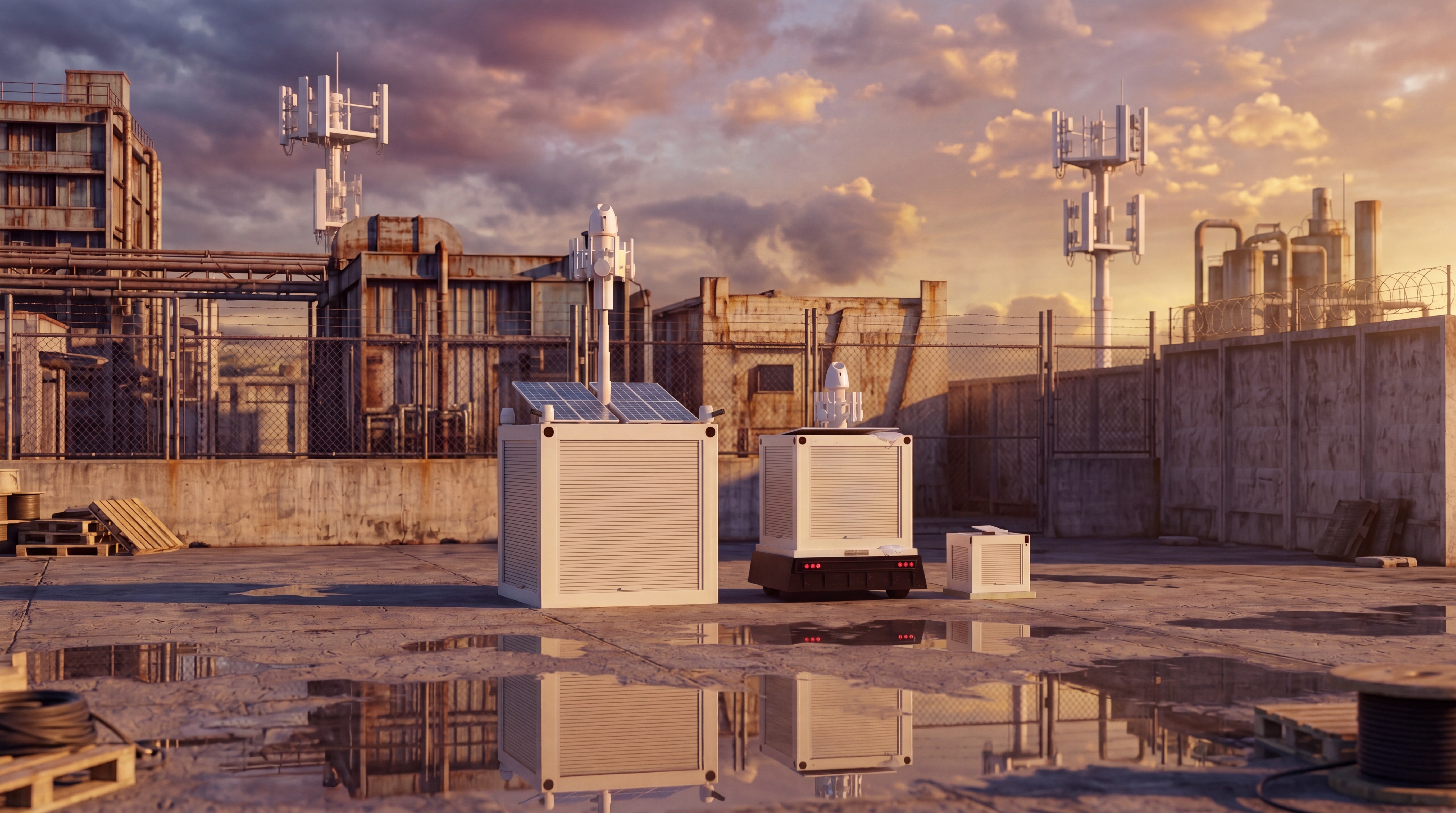 Gigacube, Megacube, and Kilocube enclosures deployed at an industrial site at dusk
