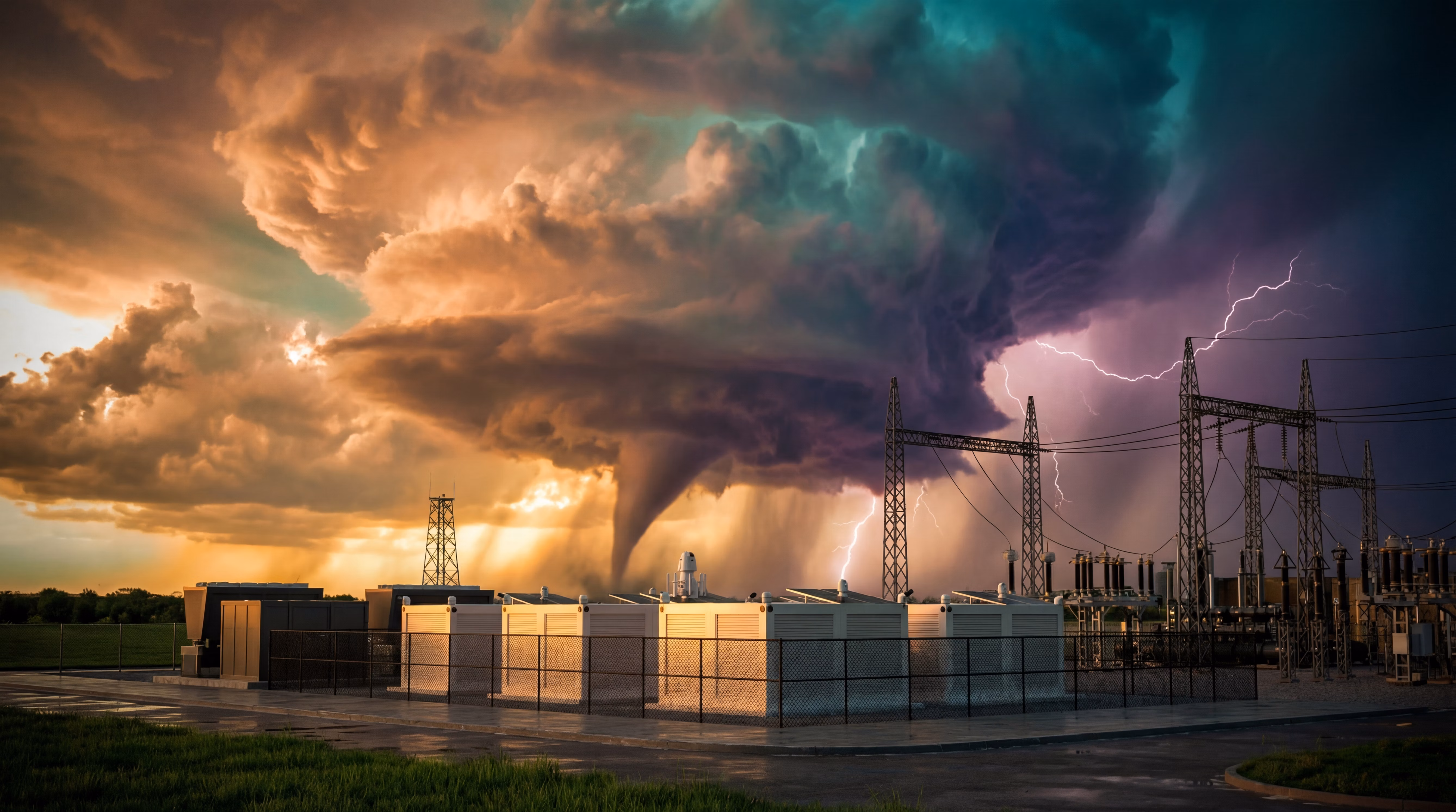 A row of Hypercube enclosures standing in a fenced substation yard as a tornado and lightning bear down at dusk