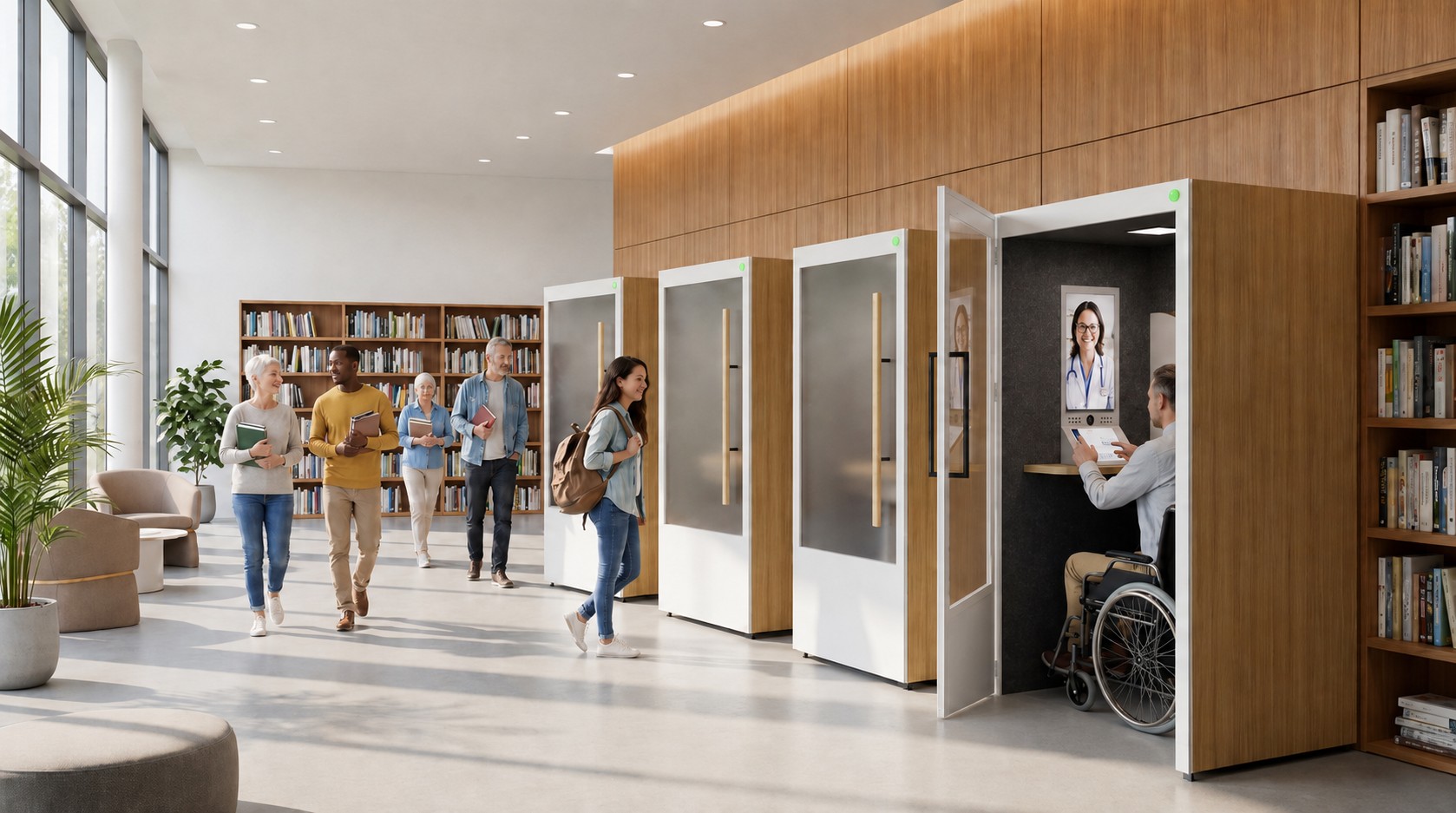 People walking through a public library where Ready Portals line the wall; one person in a wheelchair connects with a clinician inside an open portal.